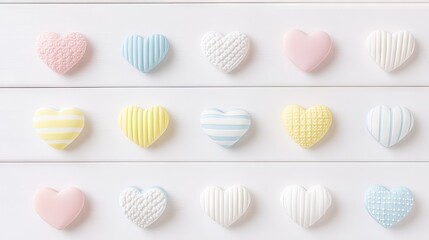 Obraz premium Pastel heart buttons on white wooden background