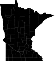 Fototapeta premium A black and white outline map of Minnesota highlighting county borders and regional divisions.