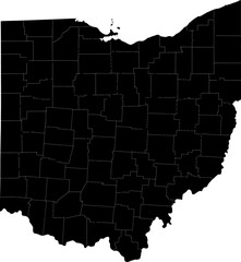 A black and white outline map of Ohio highlighting county boundaries and administrative regions.