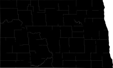 Fototapeta premium A black and white outline map of North Dakota featuring county divisions and state lines.