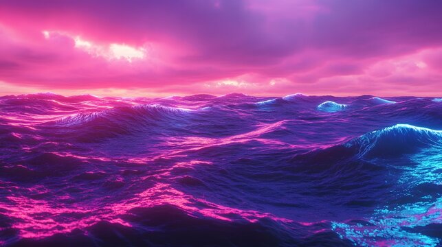 Pink and Blue Pixelated Ocean Sunset Digital Synthwave Art - Powered by Adobe