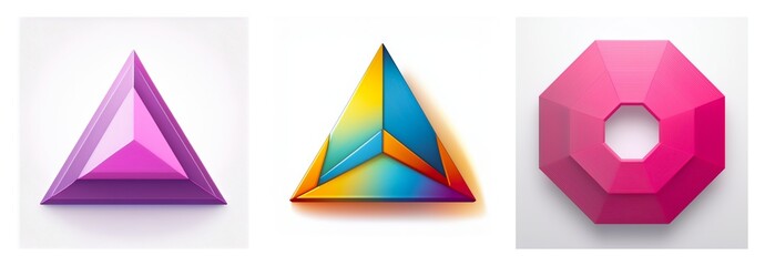 Three isolated shapes in vibrant colors are displayed on a white background. A purple triangle, a multi-colored abstract triangle, and a pink octagonal donut.