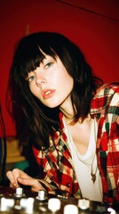 Young woman in plaid shirt contemplating in front of audio mixer
