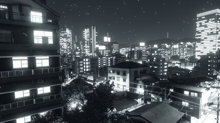 Night City Skyline Aerial View