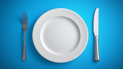 Elegant Dining Table Setting: Minimalist Design with White Plate and Silverware on Blue Background