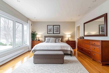 A well decorated spacious bedroom with lots of natural light