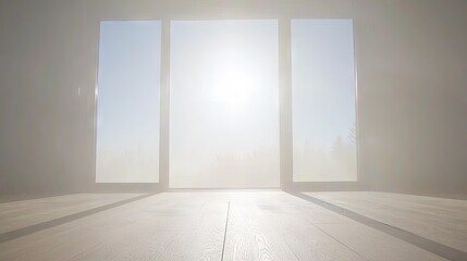 Fototapeta premium Empty room with large windows and hazy view