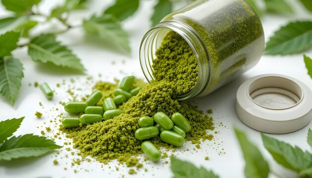 Nature's potent green elixir spilling from its glass vessel, a vibrant cascade of capsules and powder amidst lush leaves, showcasing holistic wellness.