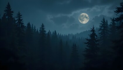 Naklejka premium A mystical full moon casts its ethereal glow upon a serene, shadowy forest under a twilight sky.