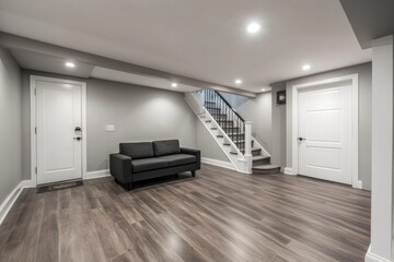 A finished basement interior displays a modern living space nicely