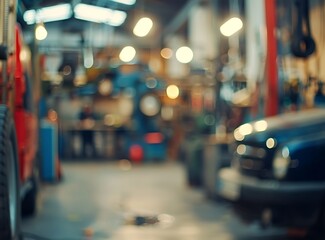 Fototapeta premium Blurred background of an auto repair shop with cars on lifts and mechanics working in the garage, a car service concept. Copy space available. High quality image.