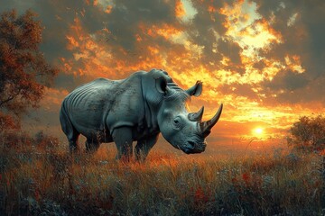 Obraz premium Majestic Rhinoceros Grazing at Sunset in a Grassy Landscape Surrounded by Vibrant Autumn Colors