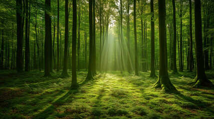 Lush Green Forest with Tall Trees, Sunlight Filtering Through Leaves, and Grass-Covered Soil Creating a Serene Natural Landscape