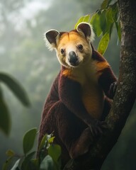 Obraz premium Tree kangaroo in a cloud forest its fur blending with the muted greens and browns of the environment soft mist swirling around captured with a telephoto lens at f56