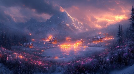 Enchanted Winter Village: A Snowy Mountain Sunset