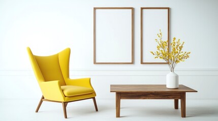 Modern Living Room  Yellow Wing Chair  Wooden Coffee Table  Frames