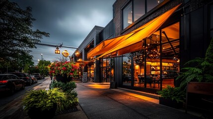 Fototapeta premium Charming Evening Retail Street Storefront Cityscape Urban Night