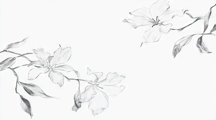 Delicate sketch of white blossoms and leaves on branches against bright empty background