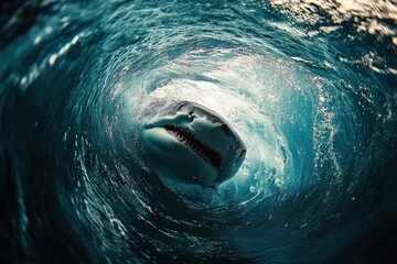 Mesmerizing Spiral Pattern Created by a Shark's Movement Through Clear Ocean Waters at Dusk
