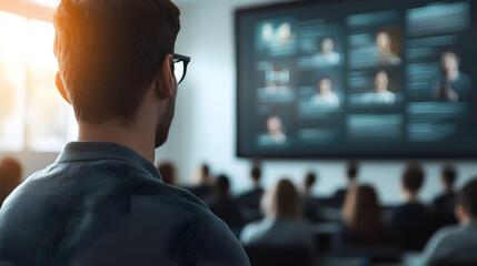 Engaged Audience Watching Presentation on Digital Screen in Conference Room Setting