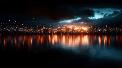 Fototapeta premium Night Cityscape Golden Lights Dark Clouds Bokeh Reflections