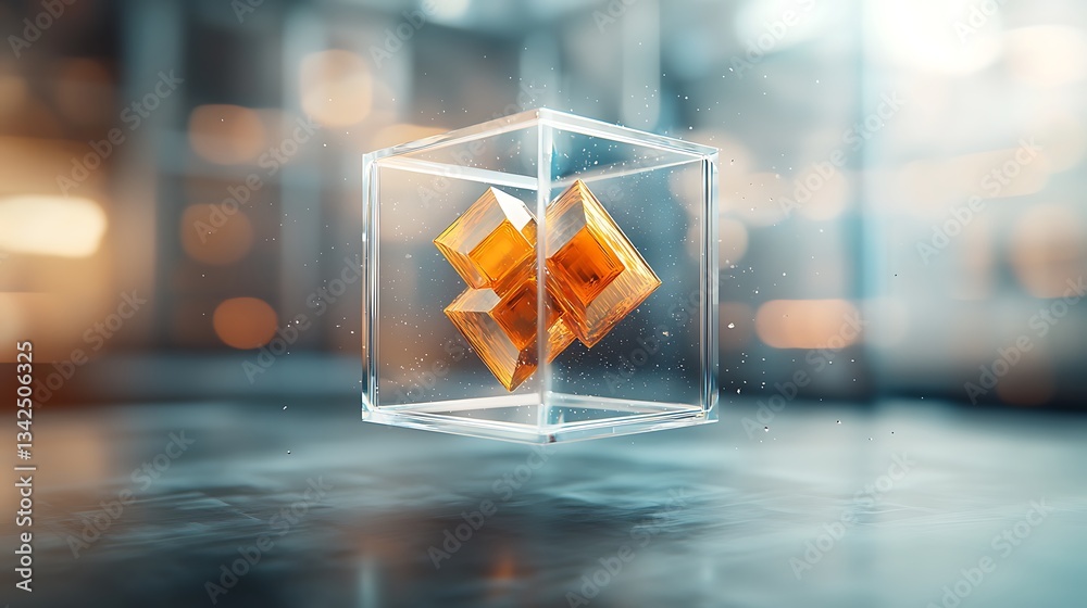 Poster transparent cube with golden geometric shapes inside, modern abstract design