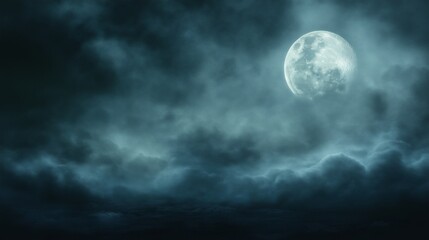 Mystical Night Sky with Illuminated Moon and Clouds: Tranquil Eerie Beauty in Celestial Serenity