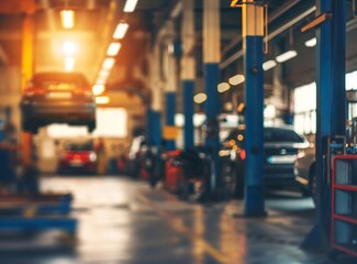 Blurred background of an auto repair shop with cars on lifts and mechanics working in the garage, a car service concept. Copy space available. High quality image.