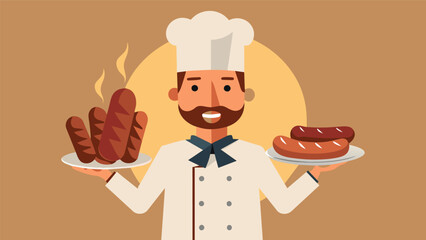 The asado grill masters eyes sparkled with pride as he presented a platter of expertly grilled sausages the natural casings crisp and filled with savory goodness.. Vector illustration
