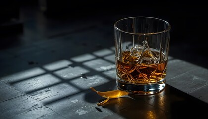 A solitary glass of amber whiskey rests on a dark surface, bathed in the dramatic light of a shadowed window, reflecting quiet contemplation.