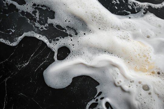 Bubbles and foam created from soap on a dark marble surface in a clean kitchen space