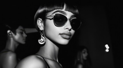 Obraz premium Black and white portrait of a woman with round sunglasses and dangling earrings