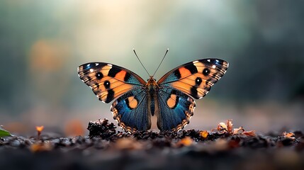 Naklejka premium Vibrant butterfly perched on the ground, showcasing intricate patterns and colors