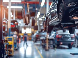 Fototapeta premium Blurred background of an auto repair shop with cars on lifts and mechanics working in the garage, a car service concept. Copy space available. High quality image.