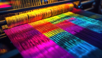 Abstract ultra-HD single-line art a loom weaving a vibrant textile, with bold patterns forming dynamic threads