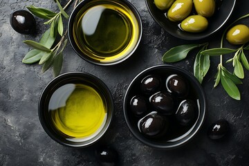 Olives, oil, and leaves on black background. Food concept