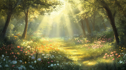 Obraz premium Whispering glade: a sun-dappled glade unveils a path of wildflowers, whispering tales of a hidden paradise, kissed by radiant light and serene beauty. Whispering Growth. Illustration