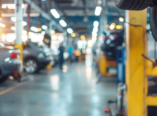 Blurred background of an auto repair shop with cars on lifts and mechanics working in the garage, a car service concept. Copy space available. High quality image.