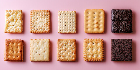 Different types of crackers and cookies arranged on pink background. Variety of biscuits and sweet snacks.
