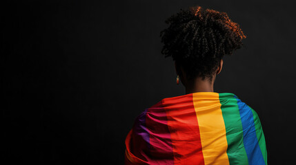 Back View of a Young African Woman Wrapped in a Rainbow Flag, Isolated on a Black Background, Representing the LGBT+ Community and Advocating for Minority and Human Rights