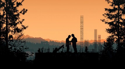 Fototapeta premium Sunset Construction Site Silhouette Engineers Workers Building