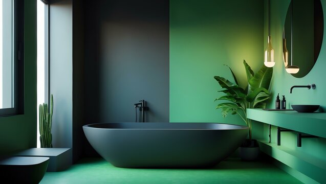 Aesthetic gradient black to green themed bathroom interior concept