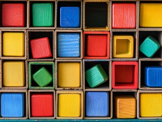 Fototapeta premium Colorful blocks in wooden tray, creative kids toy