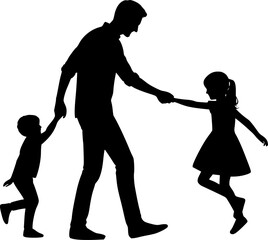 Father enjoys playful walk with children, silhouette illustration