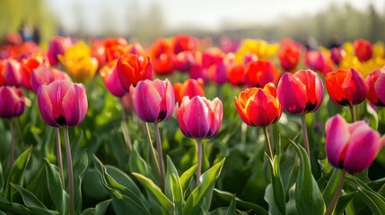 Vibrant Tulip Field in Full Bloom Capturing Spring&#x27;s Beauty with Colorful Flowers and Lush Greenery Perfect for Seasonal Themes and Marketing