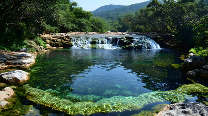 Beautiful Natural Waterfall Flowing into Clear Pool Surrounded by Lush Greenery in a Scenic Landscape