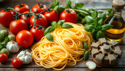 Delicious Italian Spaghetti Pasta Tomatoes Basil Garlic Olive Oil Recipe Food