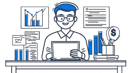 Obraz premium Man analyzing data at desk with charts, money, and documents. Finance report presentation use