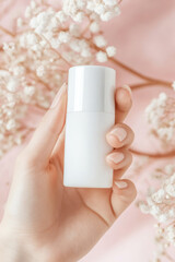 A woman holding roll-on deodorant for delicate skin of armpits. Natural protection against sweat and odor.