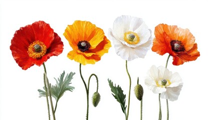 Obraz premium Colorful Poppies Blooms Against White Background in Soft Light